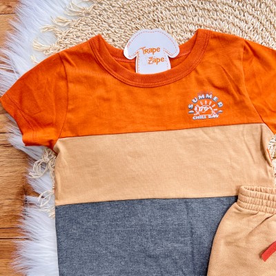 Conj. Camiseta Hello Summer e Bermuda em Moletinho - Laranja e Areia